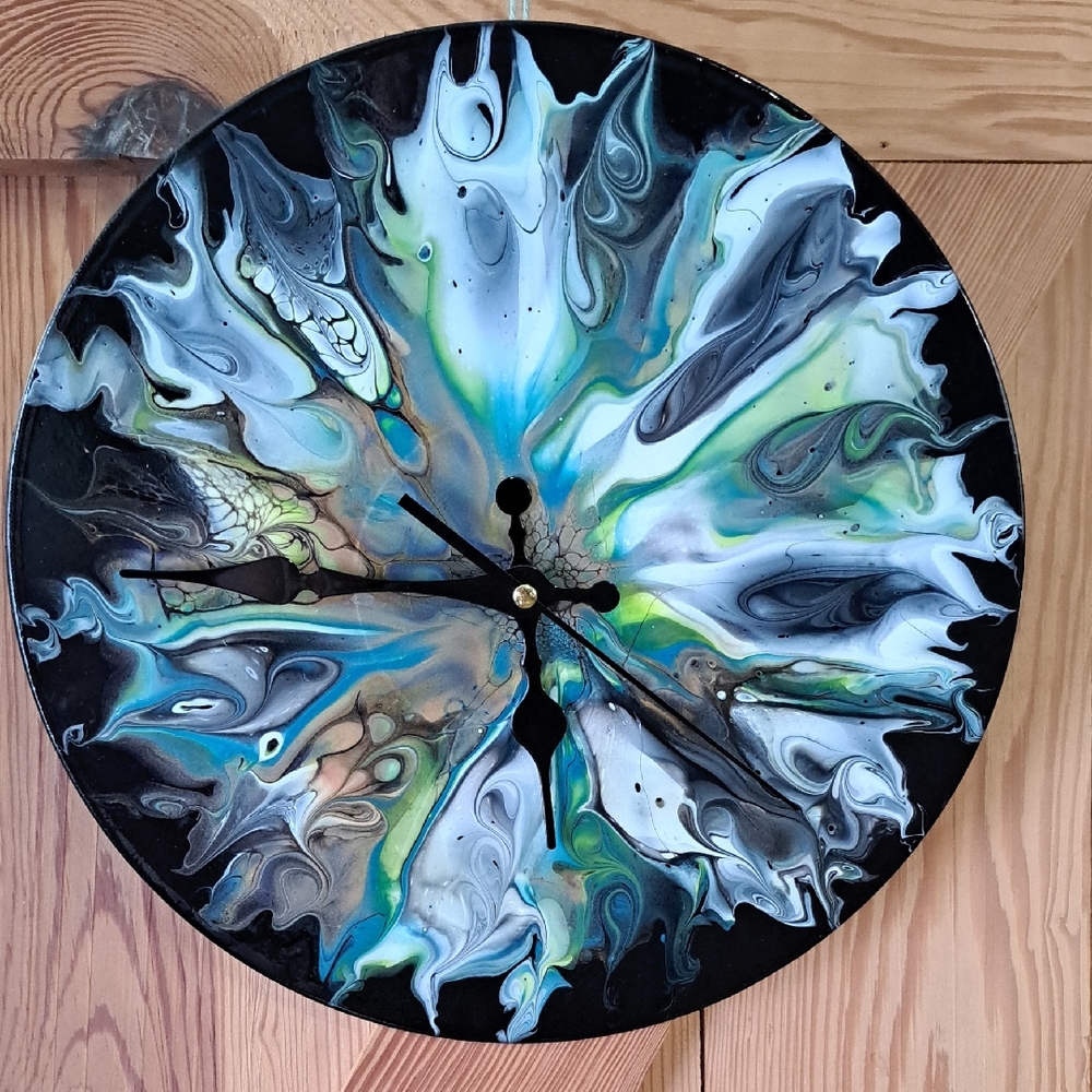 Hand Crafted Abstract Wall Clock Wall Art Black and Blue Swirl Design